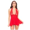 RENE ROFE 2PC LACE & MESH HALTER BABYDOLL & G-STRING RED