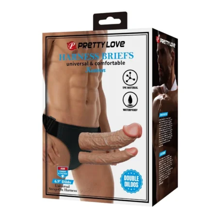 Ζώνη strapon με διπλό dildo PRETTY LOVE - KEAVEN HARNESS BRIEFS UNIVERSAL & COMFORTABLE DOUBLE DILDO