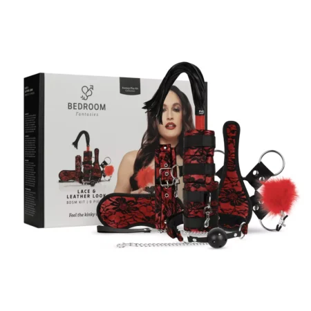 Ερωτικό σετ 9 τμχ. Bedroom Fantasies - Lace & Leather Look - 9 Piece Bondage Set - Red